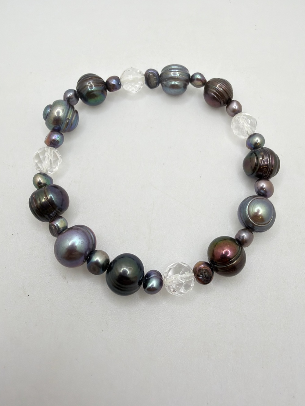 7.5" Stretchy 10mm/6mm freshwater pearl and faceted quartz bracelet!
